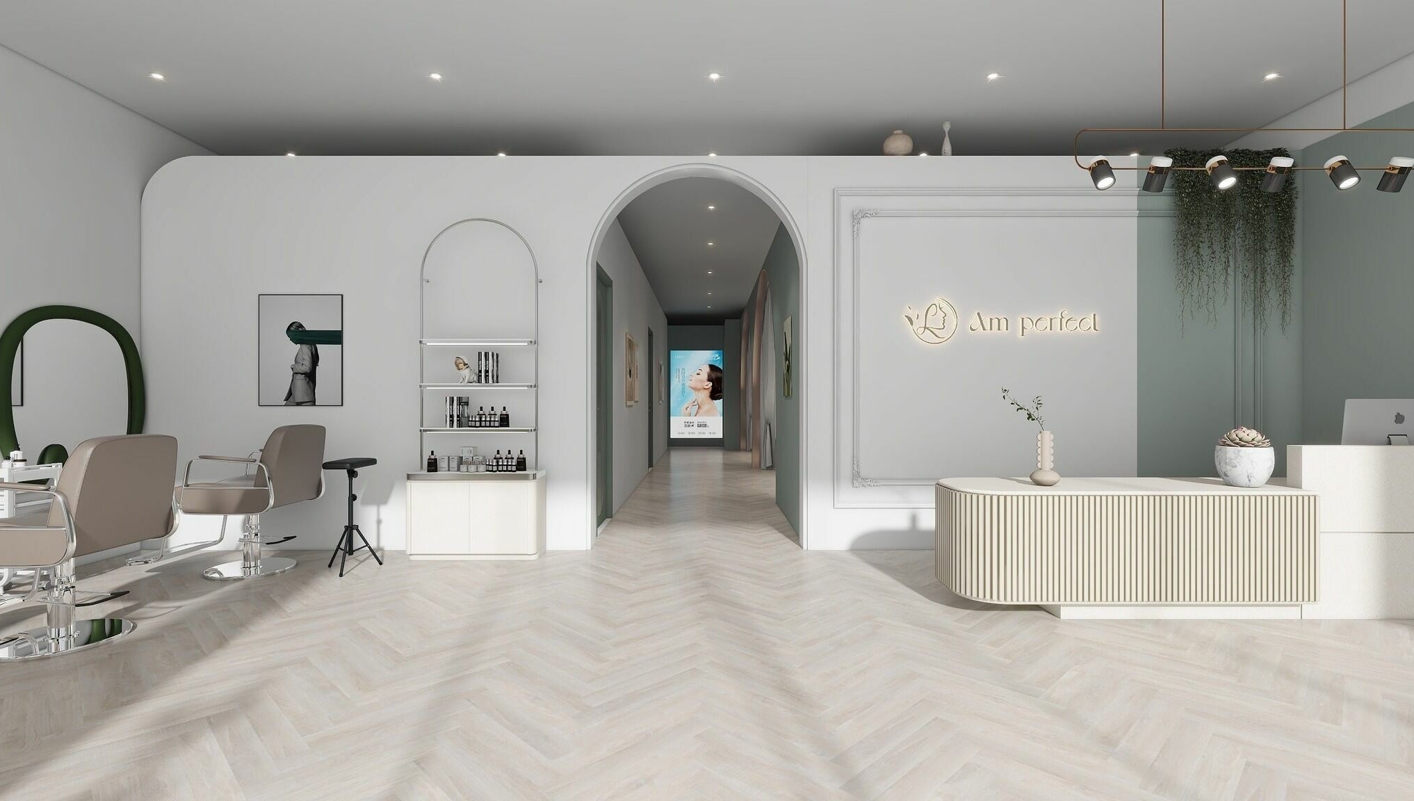 Interior of Am Perfect Spa, Aurora, Illinois, showcasing a chic, modern reception area with elegant styling.