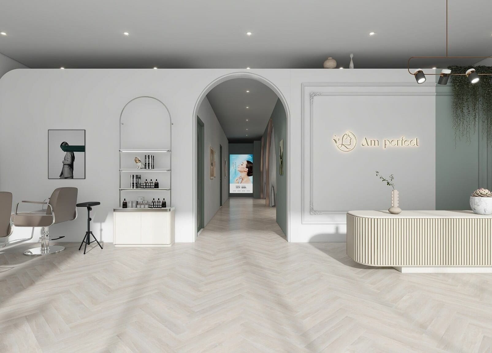 Interior of Am Perfect Spa, Aurora, Illinois, showcasing a chic, modern reception area with elegant styling.