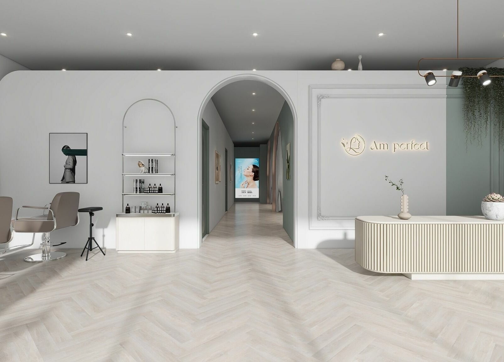 Interior of Am Perfect Spa, Aurora, Illinois, showcasing a chic, modern reception area with elegant styling.