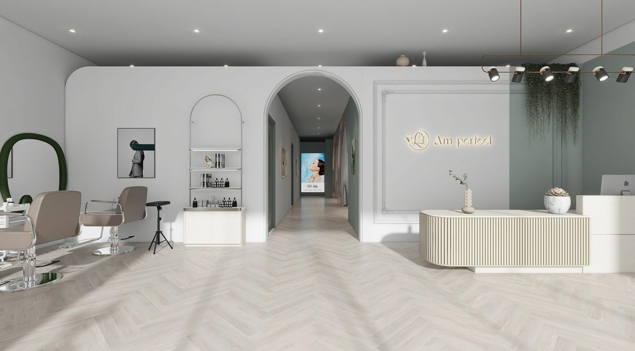 Interior of Am Perfect Spa, Aurora, Illinois, showcasing a chic, modern reception area with elegant styling.