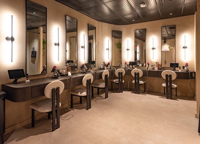 Sleek beauty station at Aura Head Spa | Montclair, Montclair, New Jersey, US, featuring mirrors and styling chairs.
