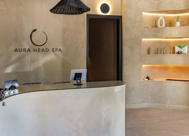 Elegant reception area at Aura Head Spa | Ridgewood, Ridgewood, New Jersey, US. Warm, minimalist design with natural decor.