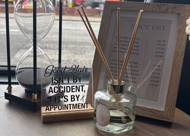Inviting decor and price list at The Hair Duo, Airdrie, Scotland, GB.