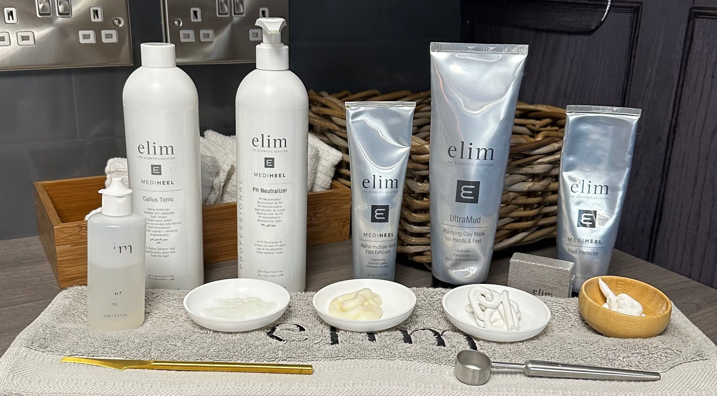 Elim skincare products at KL Nail Studio, Newtown, Wales, GB, showcasing a premium nail care range.