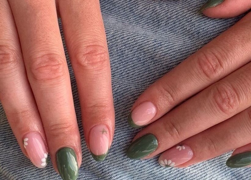 Stylish pink and green nails with floral art at Cutie Pai Nails in Bali, Bali, ID.