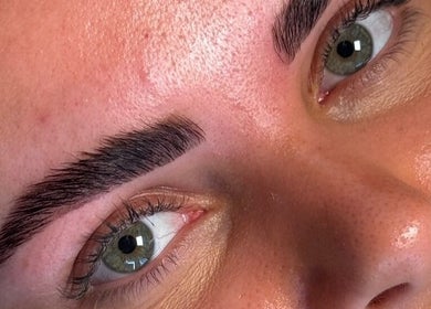 Close-up of expertly shaped brows at Sophie Humphries Makeup, Sydney, New South Wales, AU.