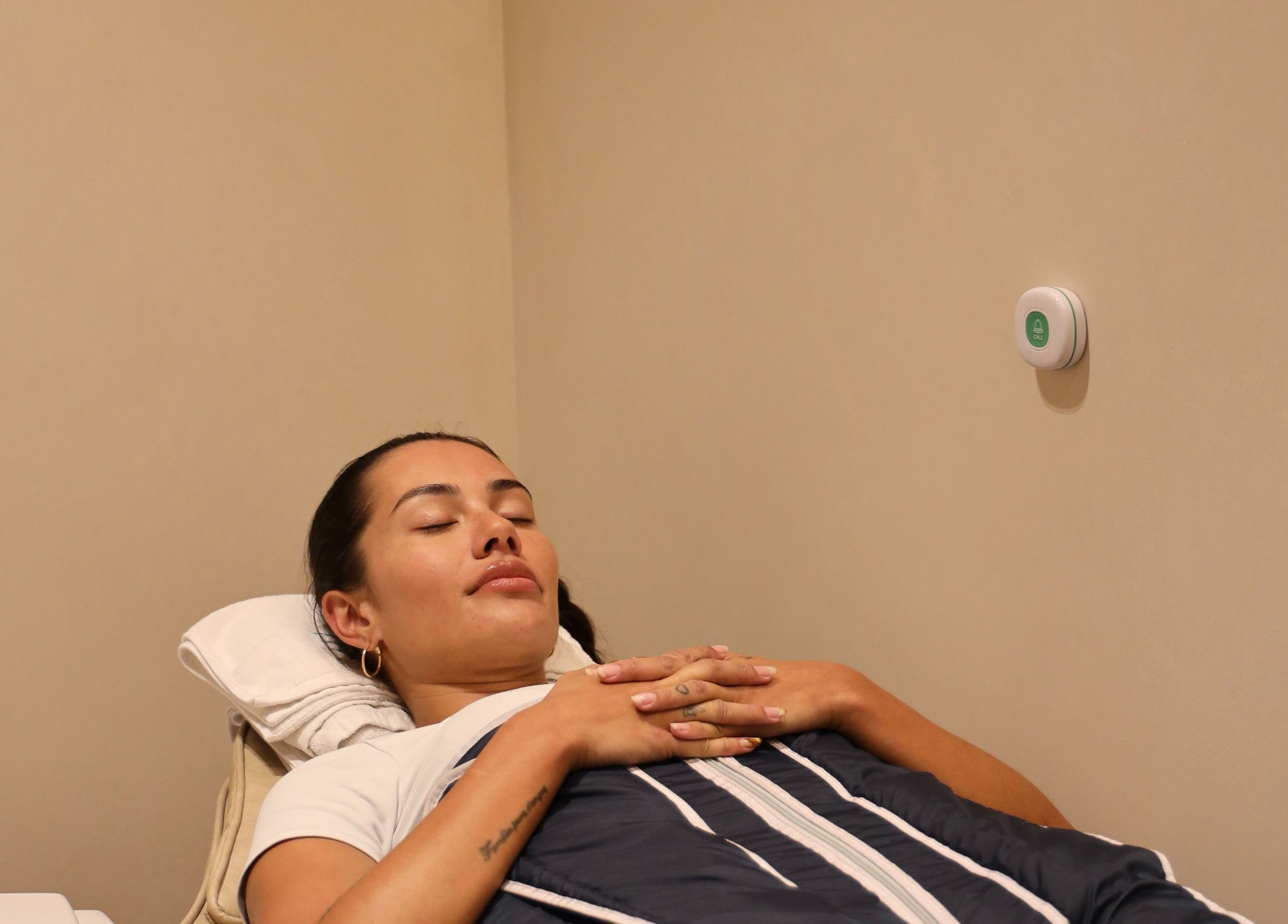 Client wrapped in blanket for recovery at Elite Body Recovery and Wellbeing, Maroubra, New South Wales, AU.