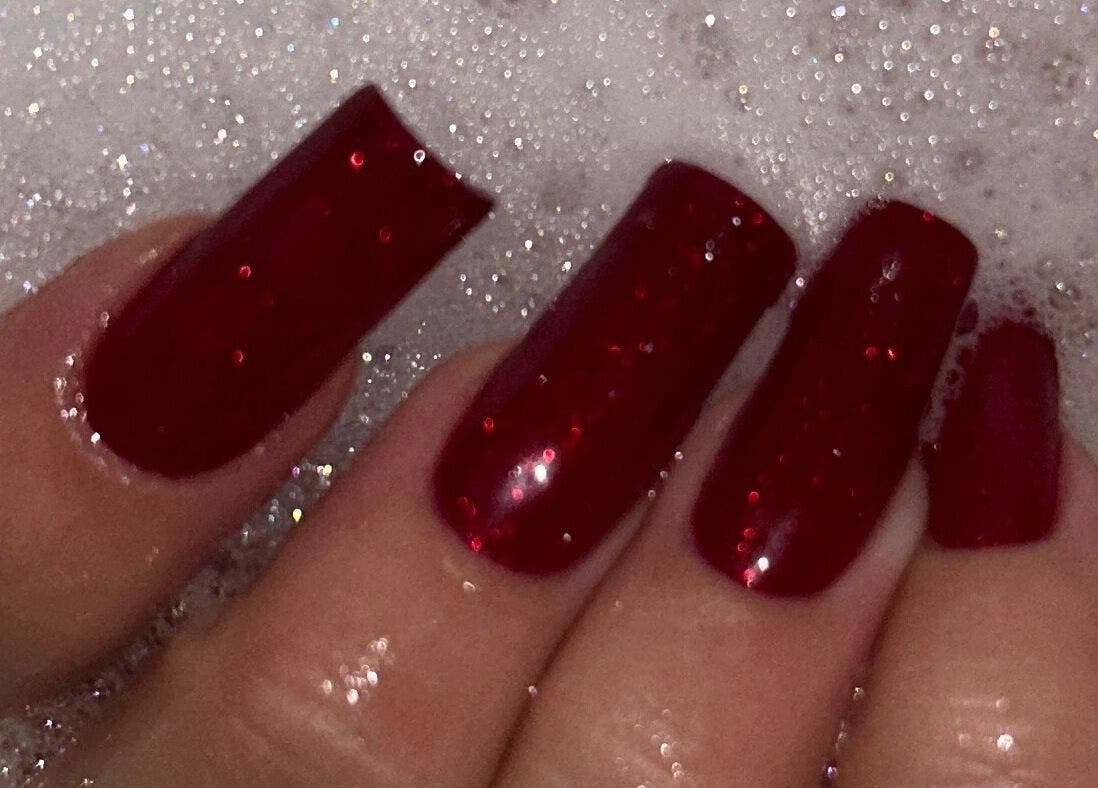 Sparkling red nails design at Natasha’s Nails, Cornwallis, New South Wales, AU.