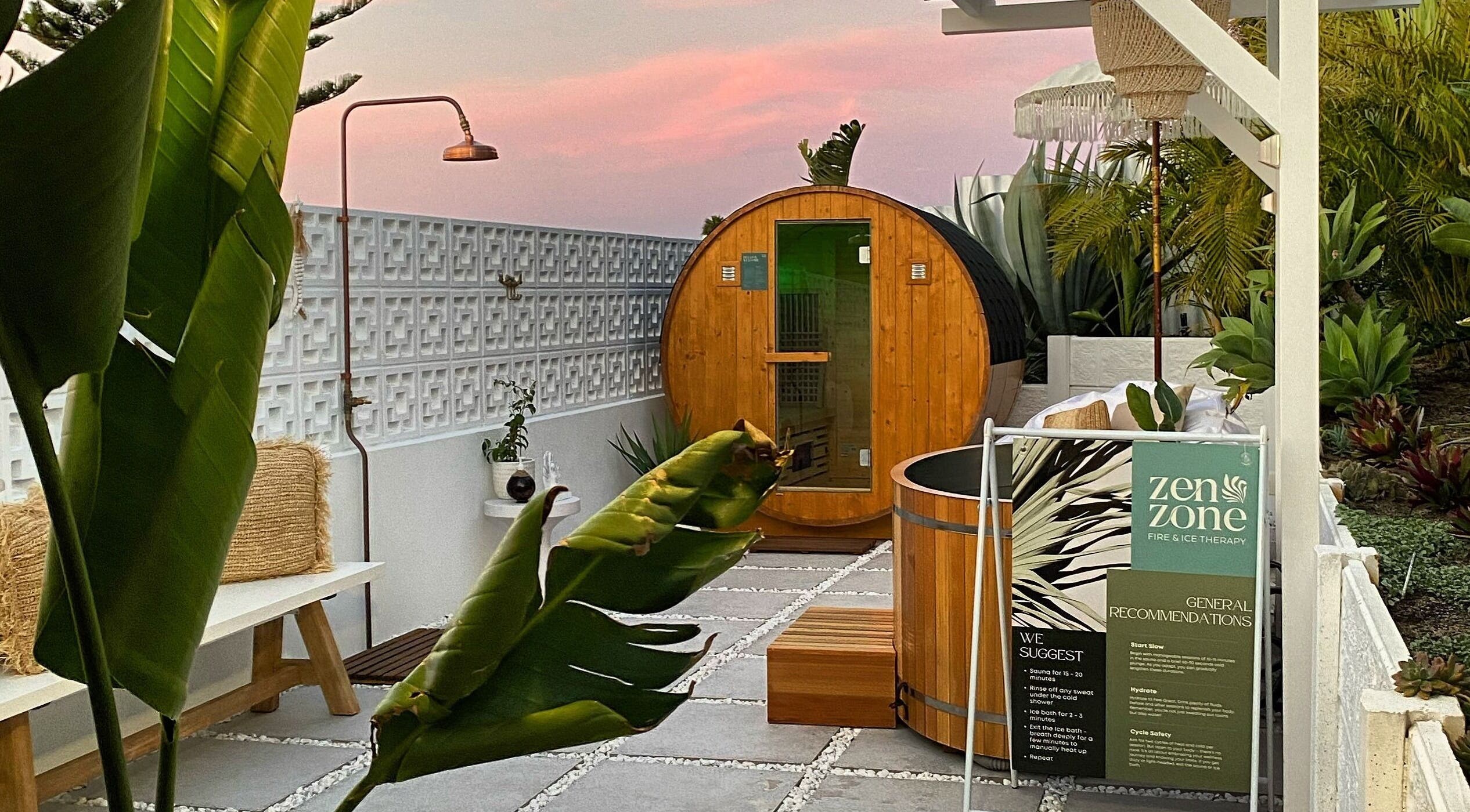 Outdoor sauna experience at Zen Zone Perth, Beldon, Western Australia, AU under a serene sunset sky.