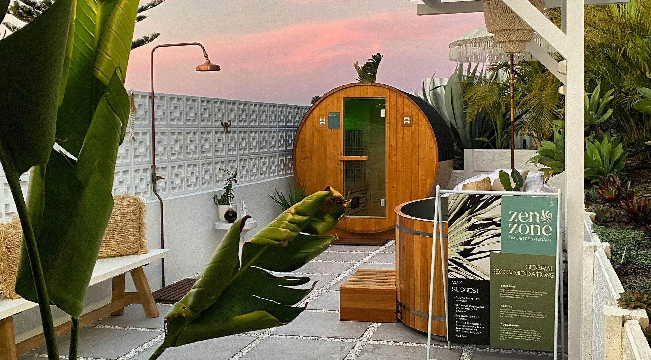 Outdoor sauna experience at Zen Zone Perth, Beldon, Western Australia, AU under a serene sunset sky.
