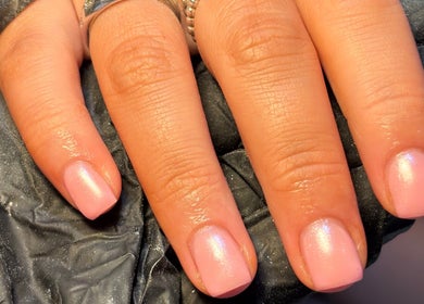 Manicured pink nails with shimmer at BIABI Nails & Beauty, Glasgow, Scotland, GB.