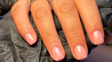Manicured pink nails with shimmer at BIABI Nails & Beauty, Glasgow, Scotland, GB.
