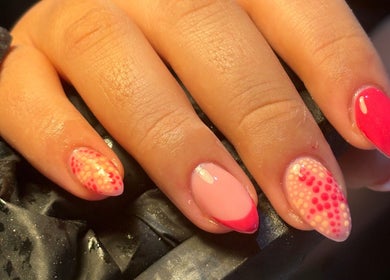 Stylish pink manicure with dot art at BIABI Nails & Beauty, Glasgow, Scotland, GB.