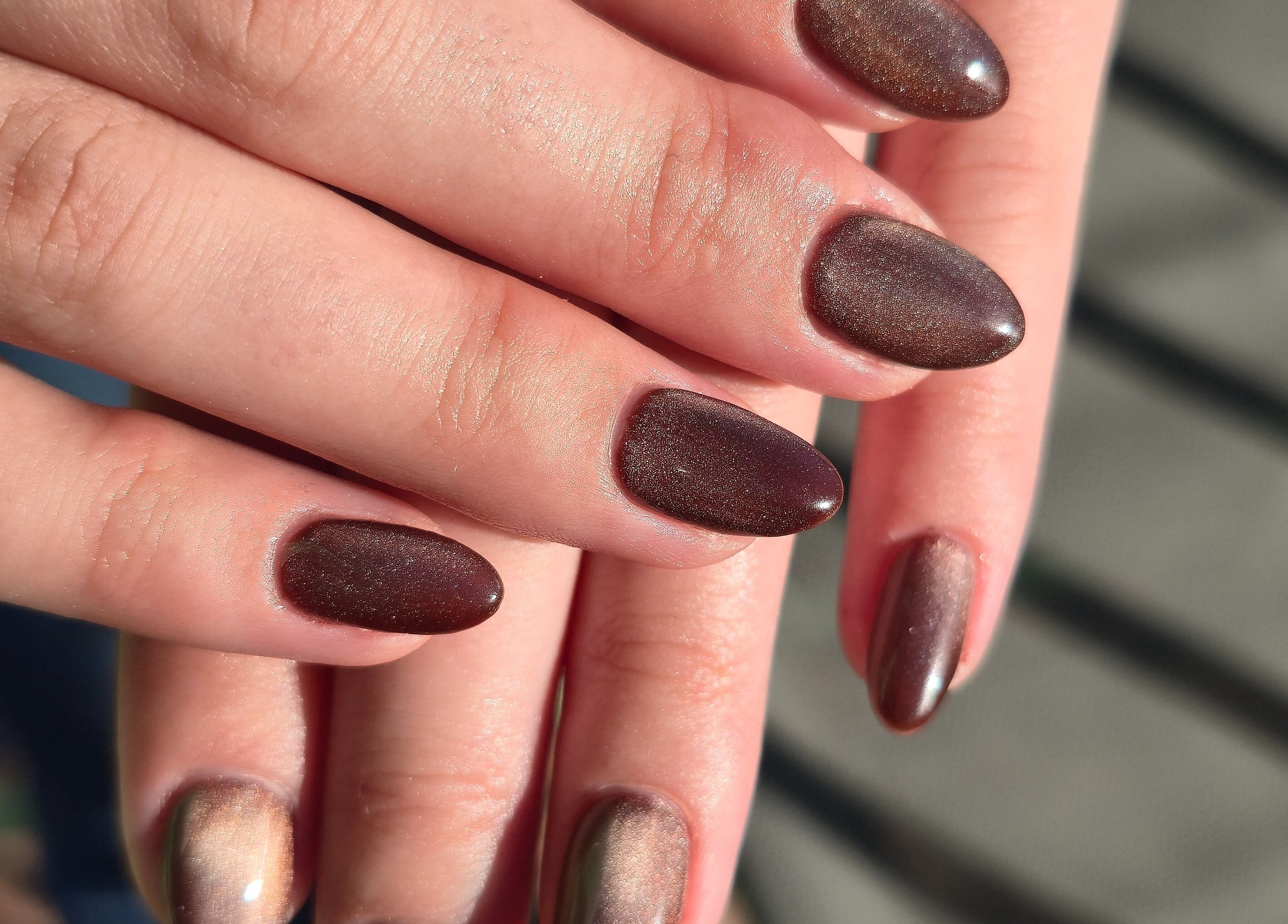 Stylish nail design at Lala Bellezza, Corte, Corse, FR, showcasing shiny brown manicure.