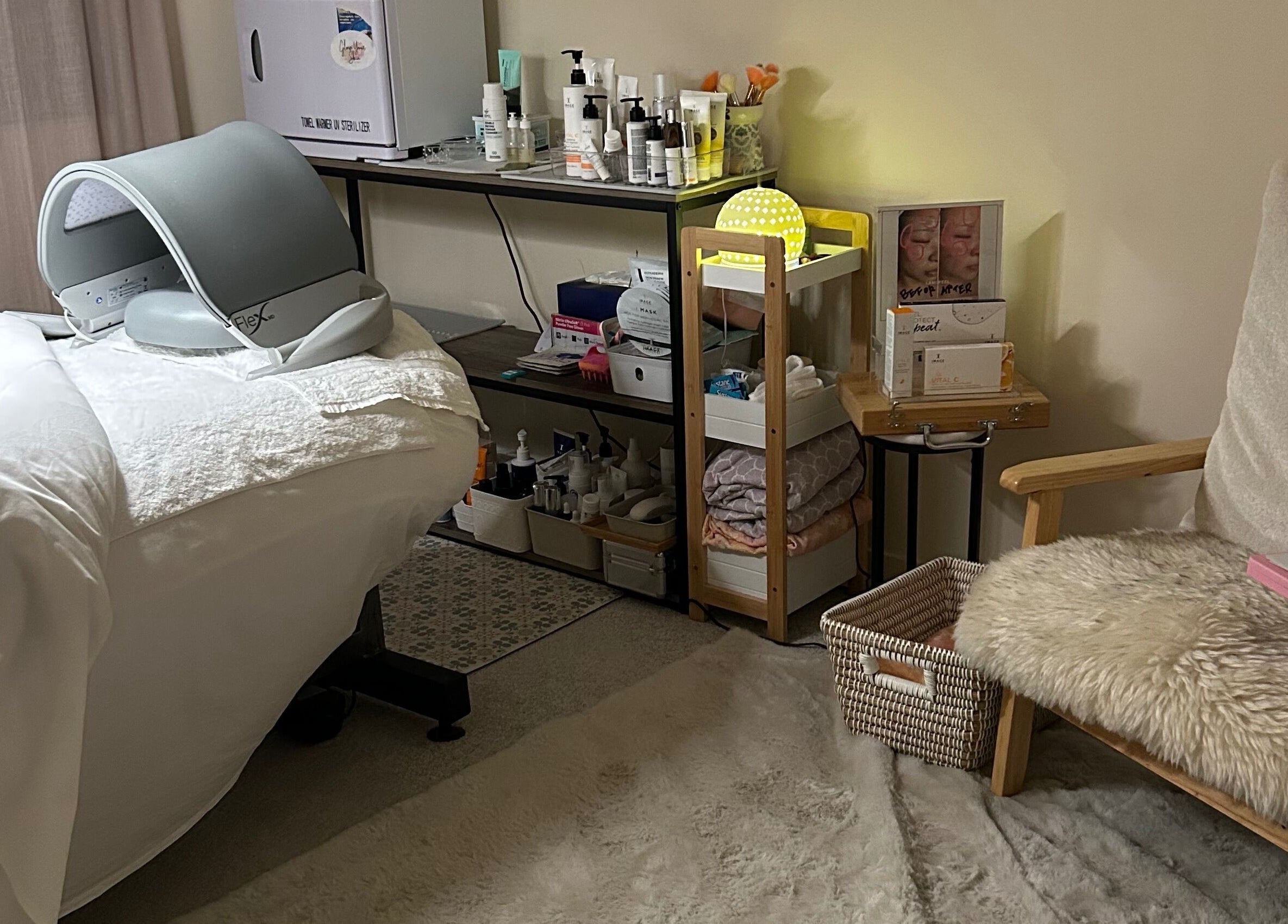 Relaxing spa room at Glow Your Skin by Shona, Chapel Hill, Queensland, AU with treatment bed and skincare products.