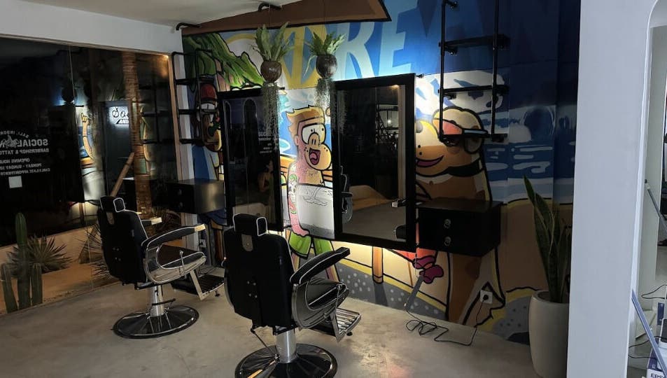 Colorful barber chair setup at Social Animals Barbershop and Tattoo Parlour (Bingin), Bali, Bali, ID.
