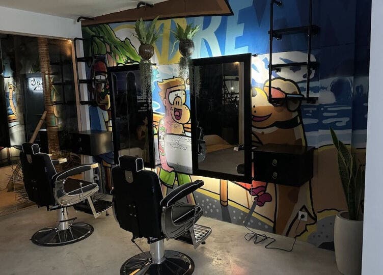 Colorful barber chair setup at Social Animals Barbershop and Tattoo Parlour (Bingin), Bali, Bali, ID.