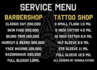 Service menu at Social Animals Barbershop & Tattoo Parlour (Canggu) in Bali, ID, highlighting barbershop and tattoo prices.