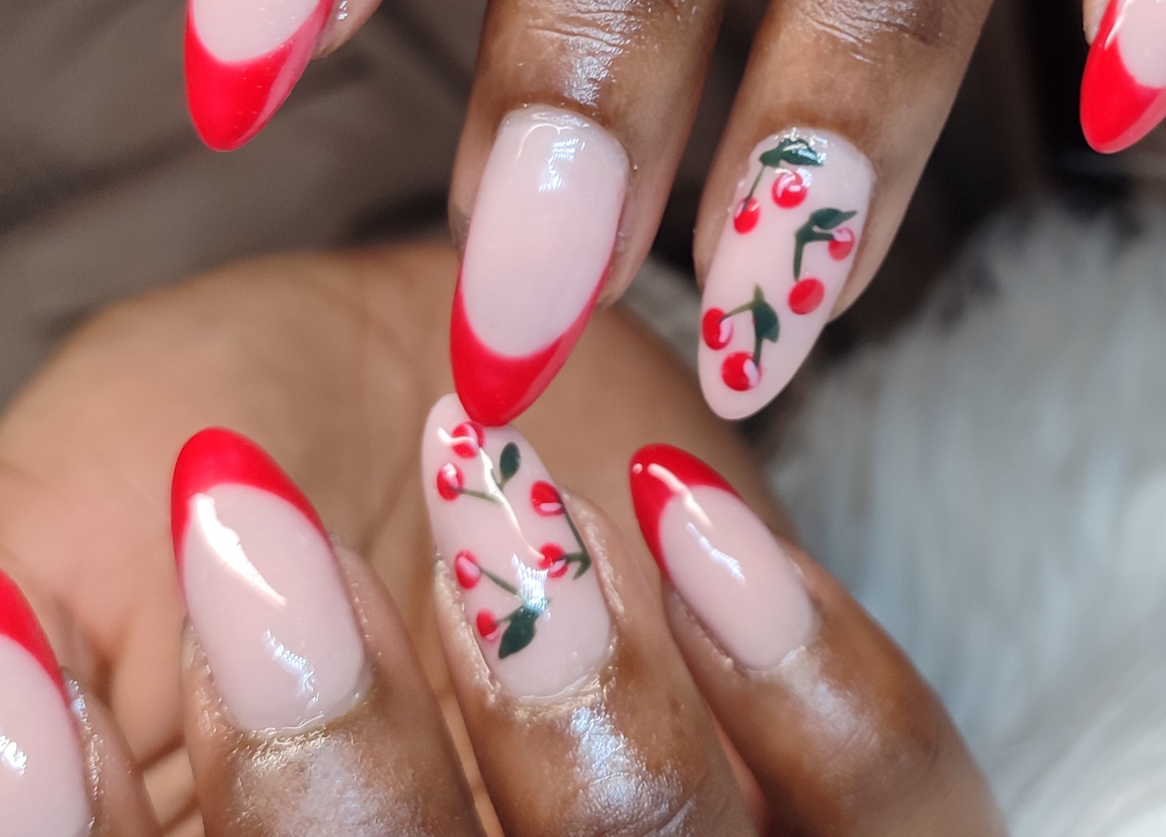 Cherry nail art design at Tiamkupinails Woodstock, Cape Town, Western Cape, ZA.