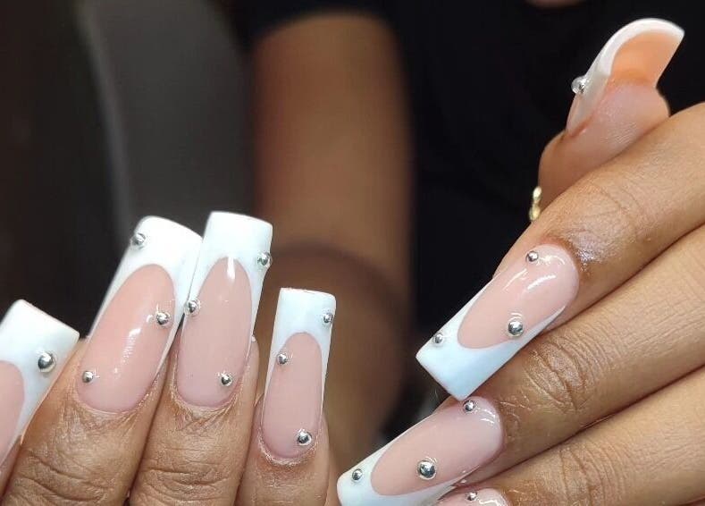 Elegant nail art with rhinestones at Tiamkupinails Woodstock, Cape Town, Western Cape, ZA.