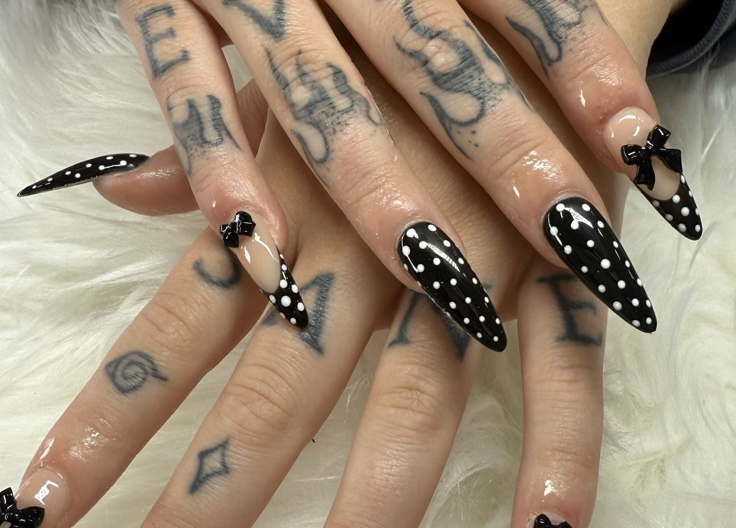 Stylish black polka dot nail art by Lee Nails & Beauty, Melbourne, Victoria, AU.