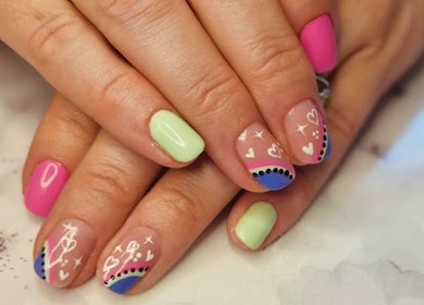 Colorful nail art at Jennie's Gels & Beauty in Pencoed, Wales, GB.