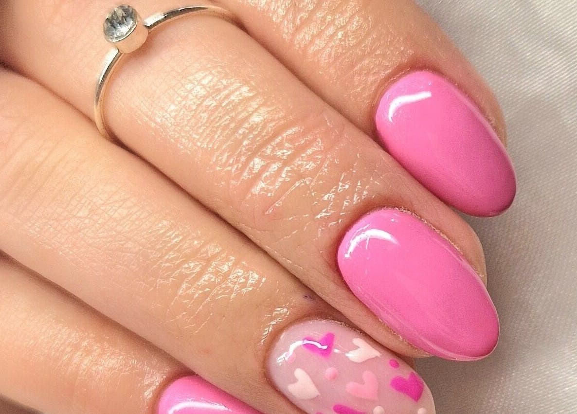 Elegant pink manicure at The Salon at Westway, Marksbury, England, GB, showcasing artistic designs.