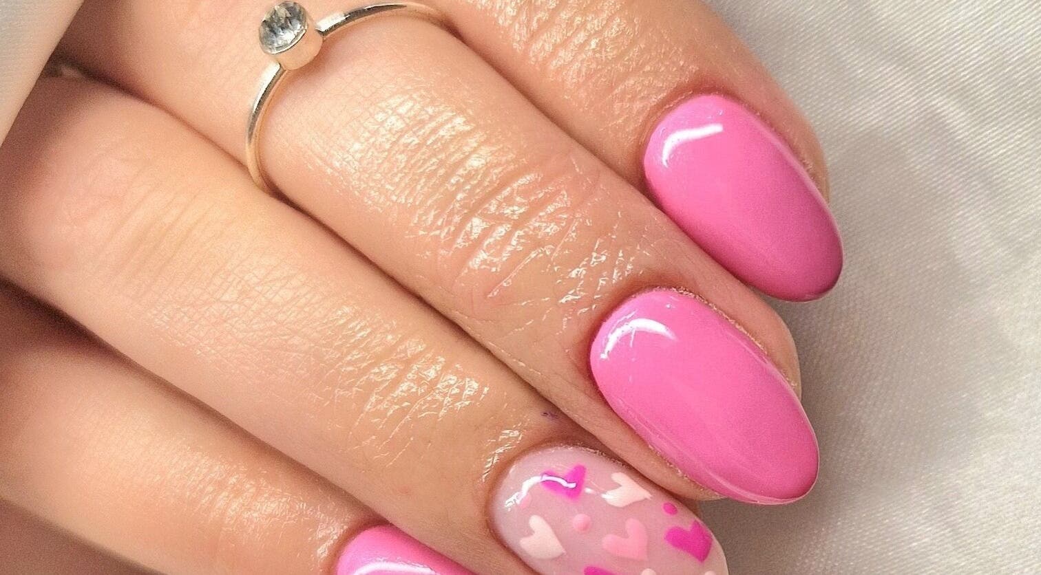 Elegant pink manicure at The Salon at Westway, Marksbury, England, GB, showcasing artistic designs.