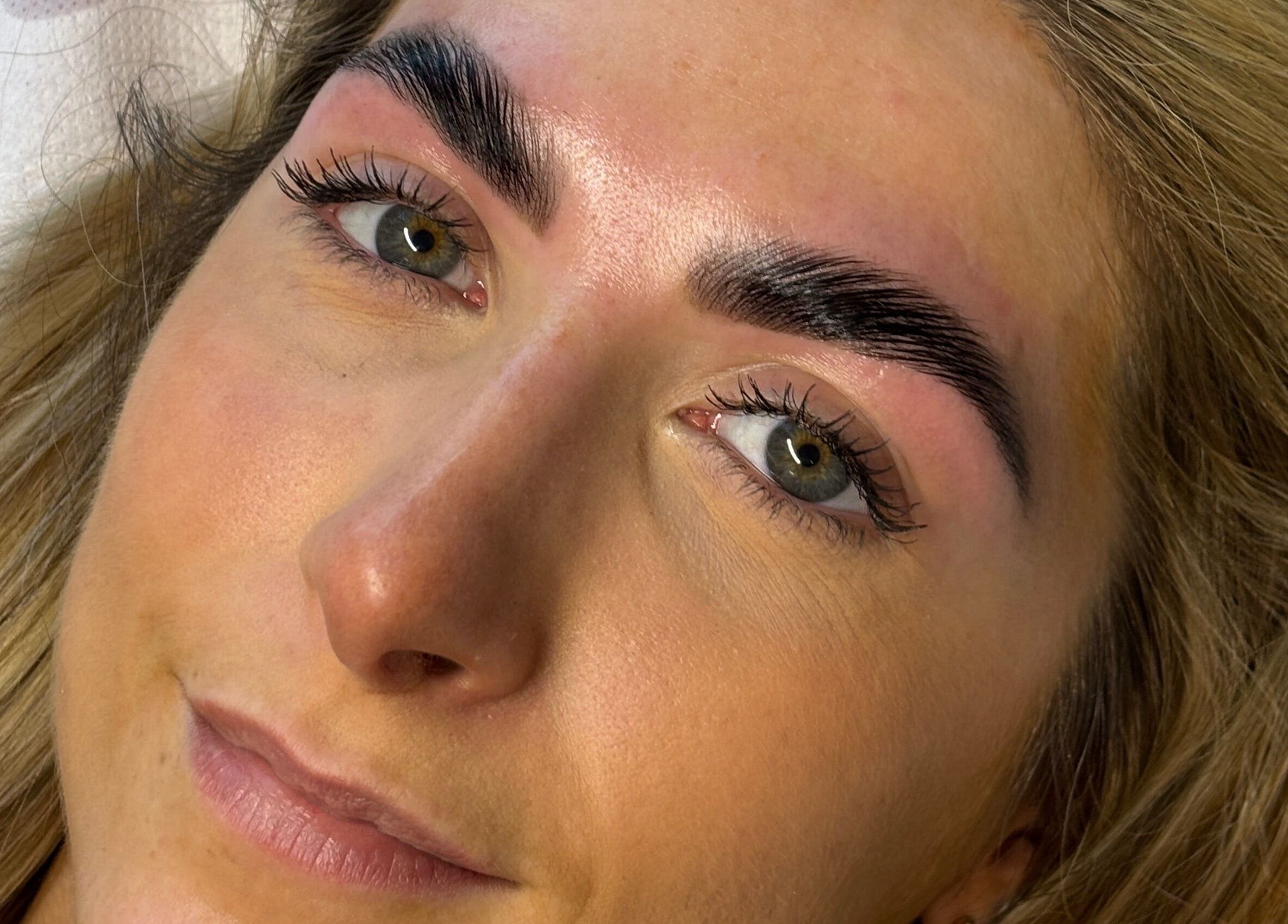 Close-up of a woman's perfectly shaped eyebrows at Face by Caitlyn in Ginger by Zoe, Cardiff, Wales, GB.