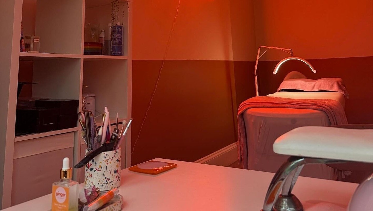 Relaxing beauty treatment room at Face by Caitlyn in Ginger by Zoe, Cardiff, Wales, GB with ambient lighting.