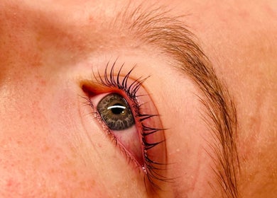 Close-up of enhanced eyelashes at 11:11 Beauty Studio, Melton Constable, England, GB.