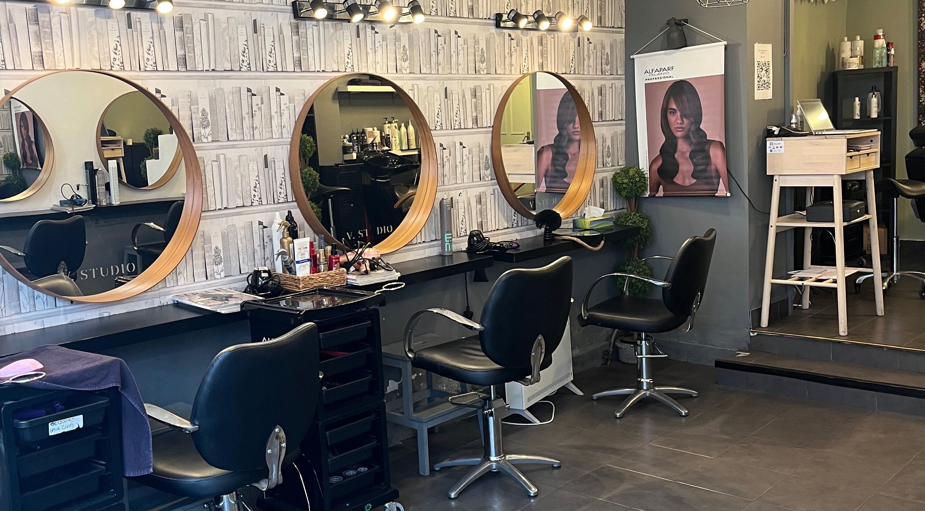 Stylish interior of MP Studio Hair in Dublin, County Dublin, IE, showcasing modern salon chairs and decor.
