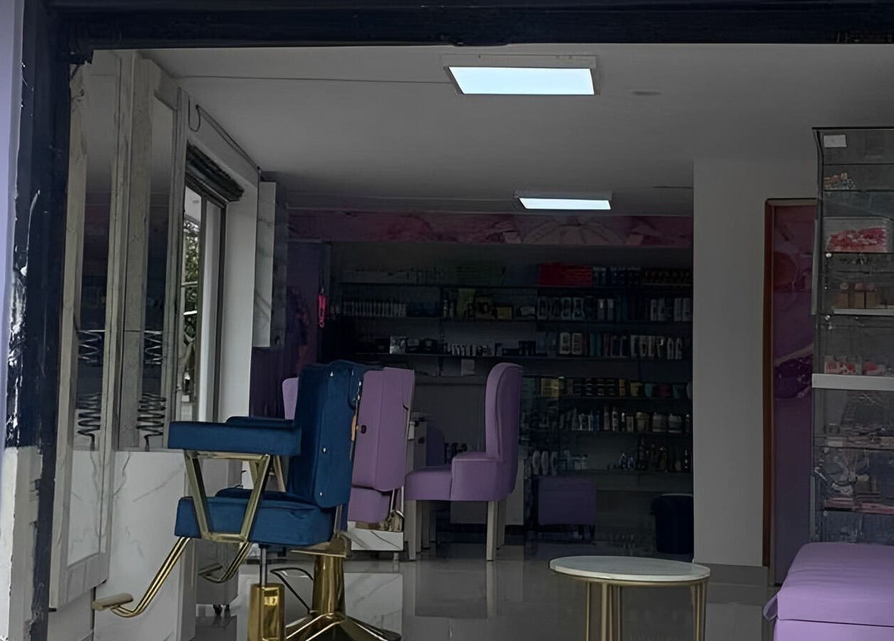 Interior elegante de DIVINAS Y COSTOSAS en Medellín, Antioquia, CO con sillas púrpuras y estanterías.