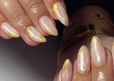 Elegant, glossy nails with a golden glow at Clo Glo Studio, Cape Town, Western Cape, ZA.