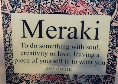 Decorative sign at Meraki Beauty Studio, Canonsburg, Pennsylvania, US symbolizing creativity and love.