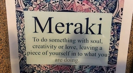 Decorative sign at Meraki Beauty Studio, Canonsburg, Pennsylvania, US symbolizing creativity and love.