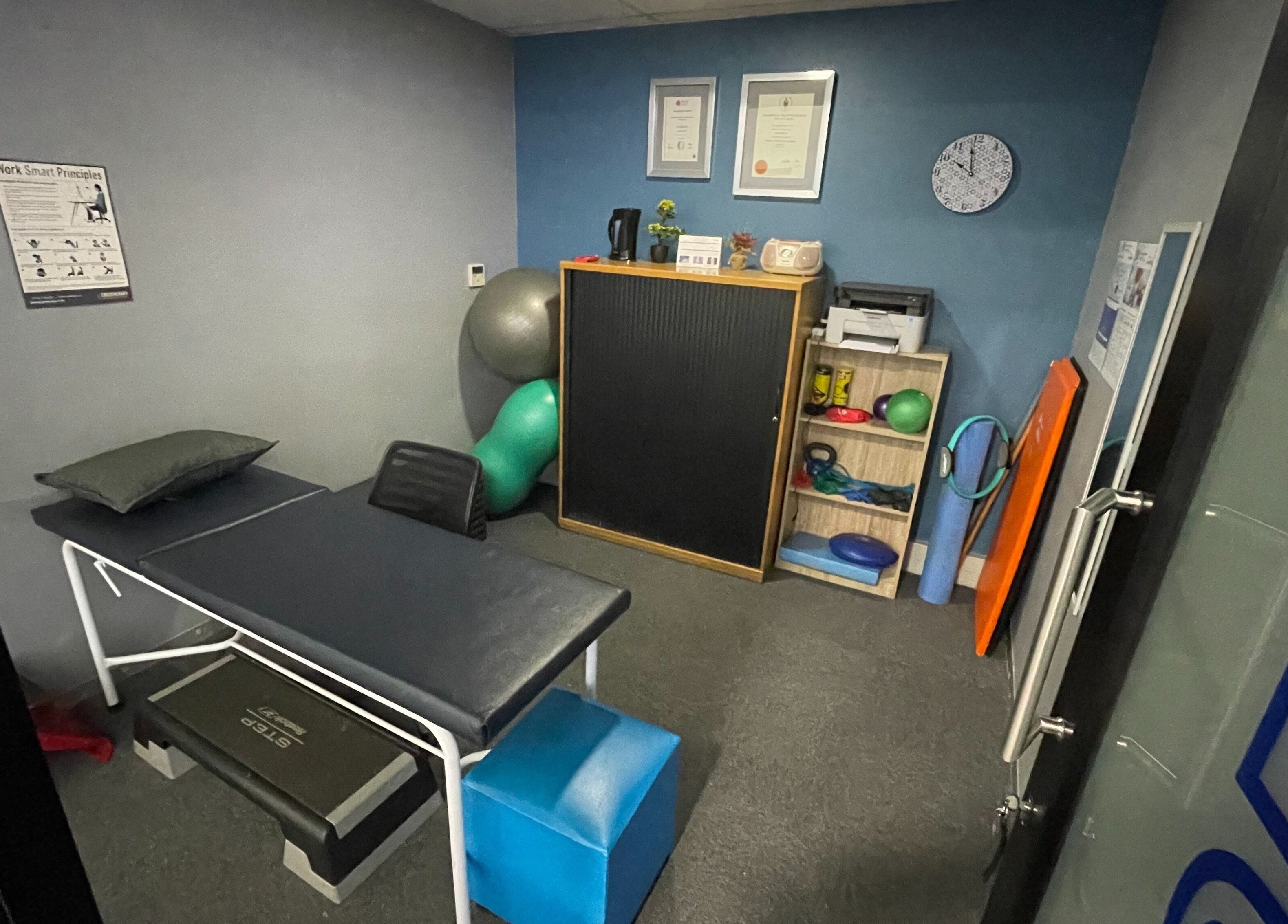 Khyla Kotzé Biokineticist therapy room with equipment in Roodepoort, Gauteng, ZA.