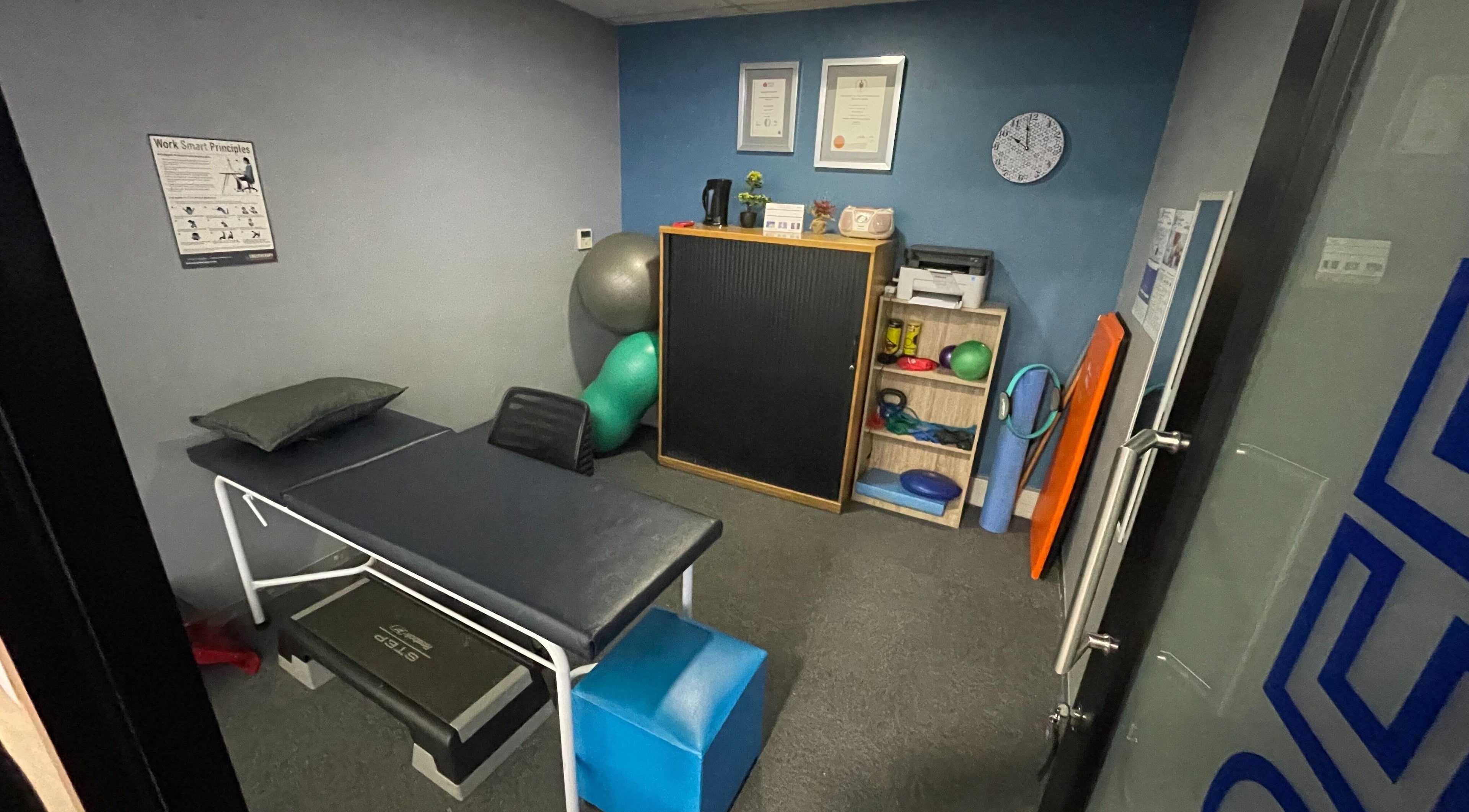 Khyla Kotzé Biokineticist therapy room with equipment in Roodepoort, Gauteng, ZA.