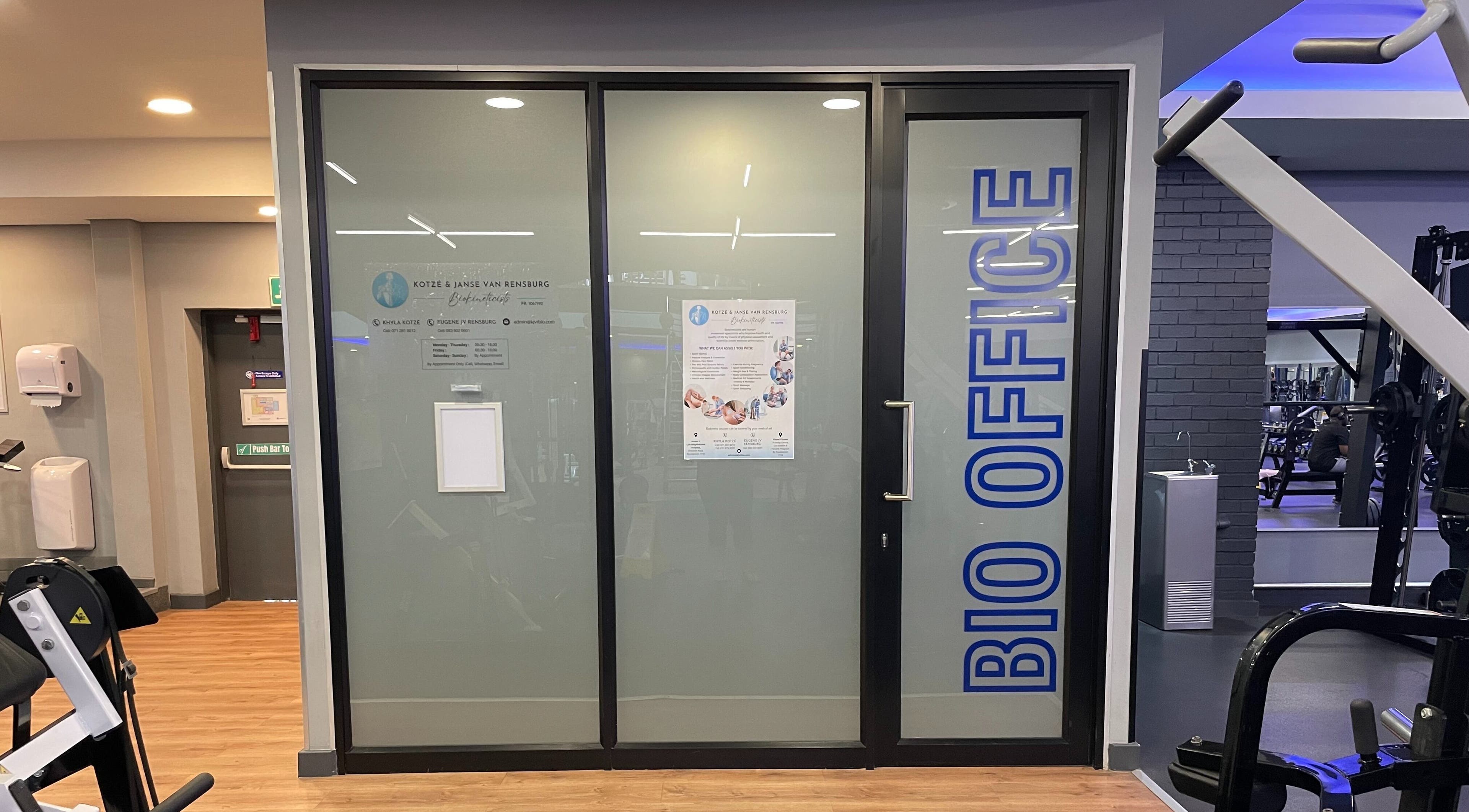 Entrance to Khyla Kotzé Biokineticist office in Roodepoort, Gauteng, ZA, featuring a modern glass design.