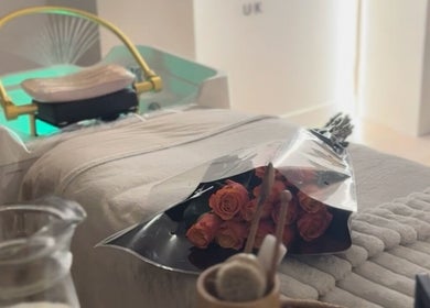 Relaxing spa setup with roses at The Head Spa Uk in London, England, GB.