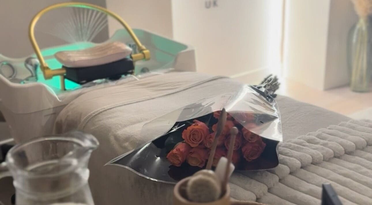 Relaxing spa setup with roses at The Head Spa Uk in London, England, GB.
