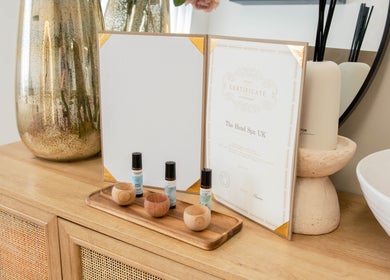 Elegant display of awards and essential oils at The Head Spa UK, London, England, GB.