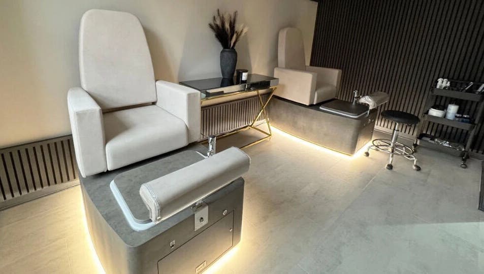 Elegant pedicure stations at The Head Spa Leeds, Leeds, England, GB with plush seating and soft lighting.