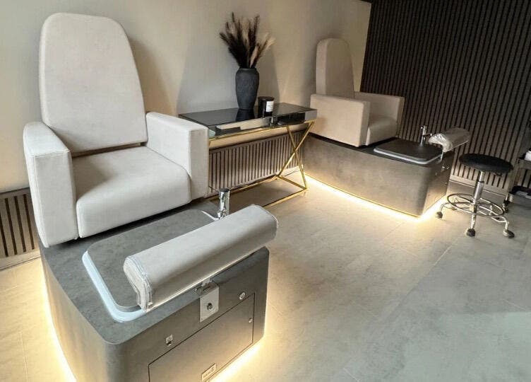 Elegant pedicure stations at The Head Spa Leeds, Leeds, England, GB with plush seating and soft lighting.
