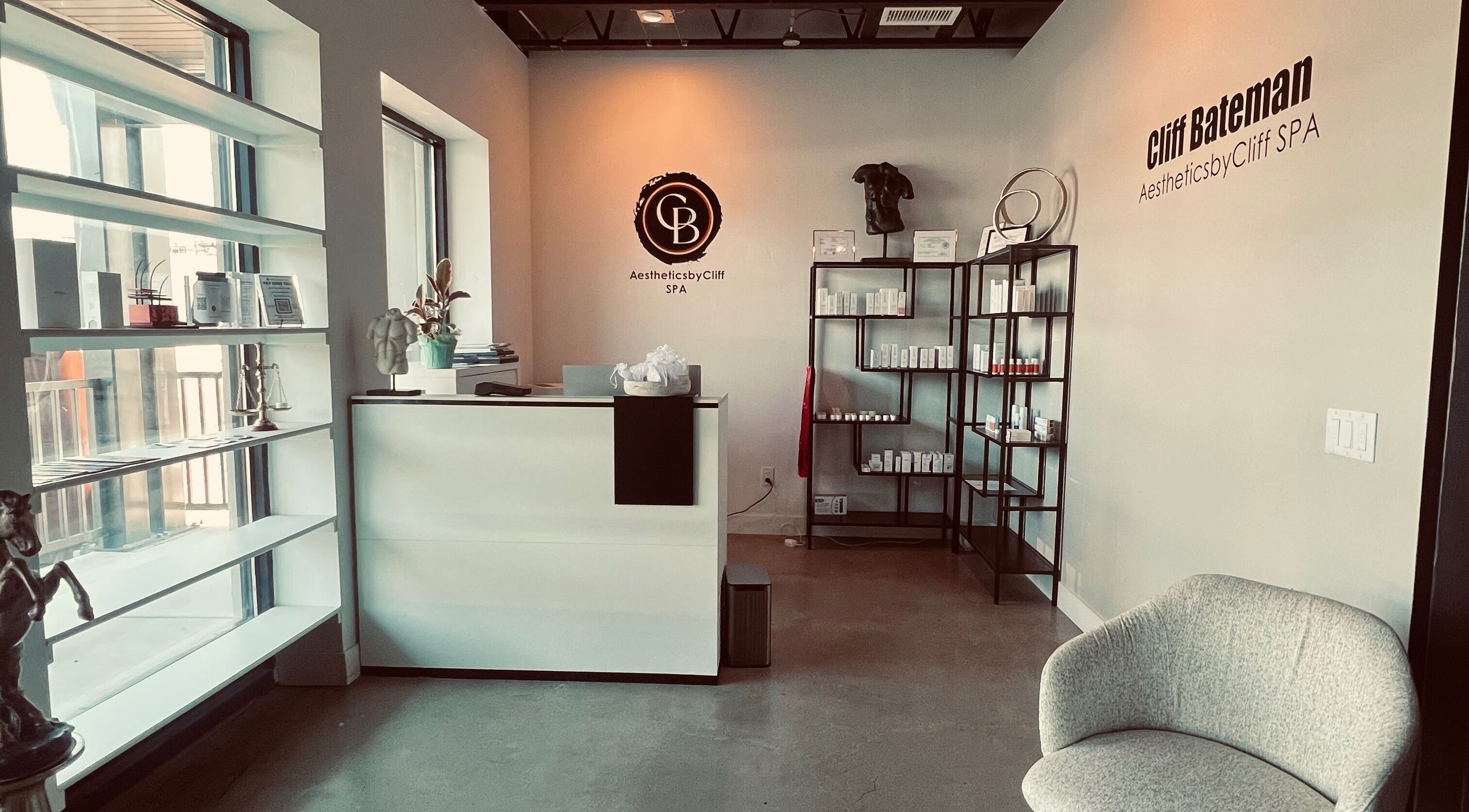 Reception area of AestheticsbyCliff SPA in Salt Lake City, Utah, US with modern decor and welcoming ambiance.