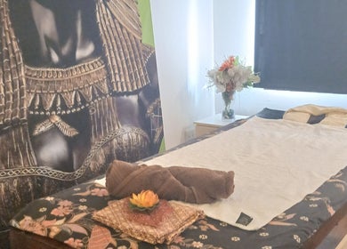 Relaxing massage table setup at MoiThai Spa in Westville, Kwazulu-natal, ZA with elegant decor.