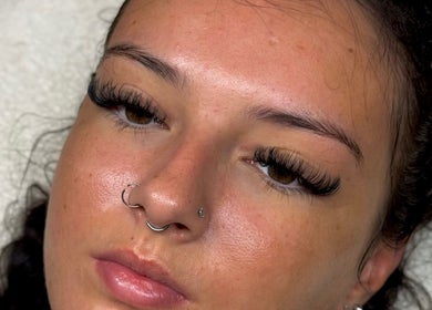 Close-up of a woman with styled lashes at Bronzed Beauty in Bangor, Northern Ireland, GB.