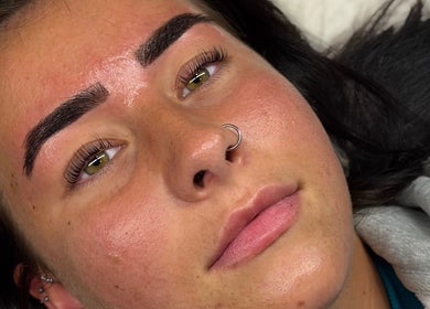 Close-up of freshly shaped eyebrows at Bronzed Beauty, Bangor, Northern Ireland, GB.