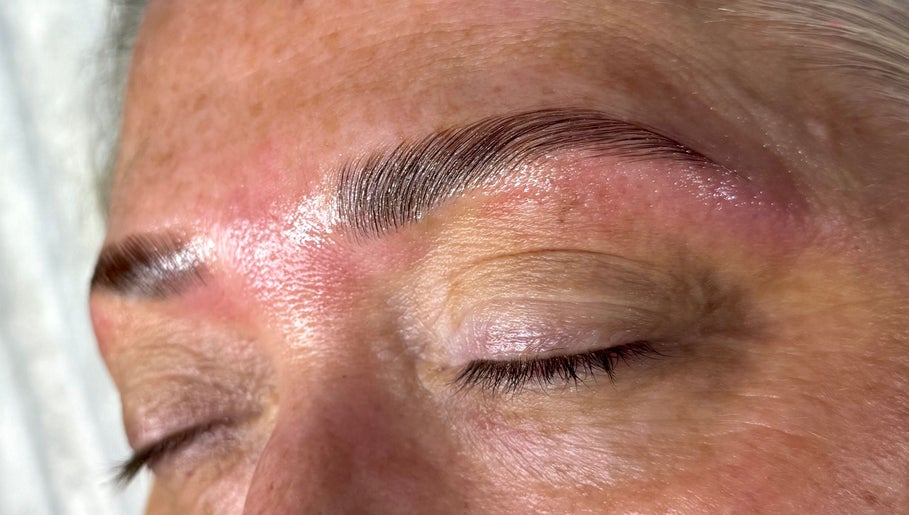 Close-up of freshly styled eyebrows at Refined by Rhianna, Bangor, Northern Ireland, GB.
