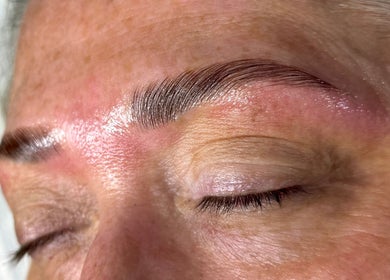 Close-up of freshly styled eyebrows at Refined by Rhianna, Bangor, Northern Ireland, GB.
